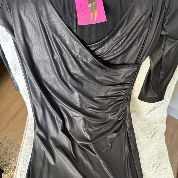 BETSEY JOHNSON | Black Vegan Liquid Leather Wrap Dress | Deep V Plunge | NWT | L - Picture 7 of 11